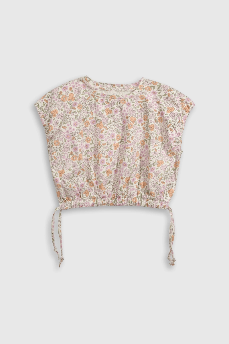 POLERA FLORAL MORADA CON CINTURA RECOGIDA Y LAZOS - 1
