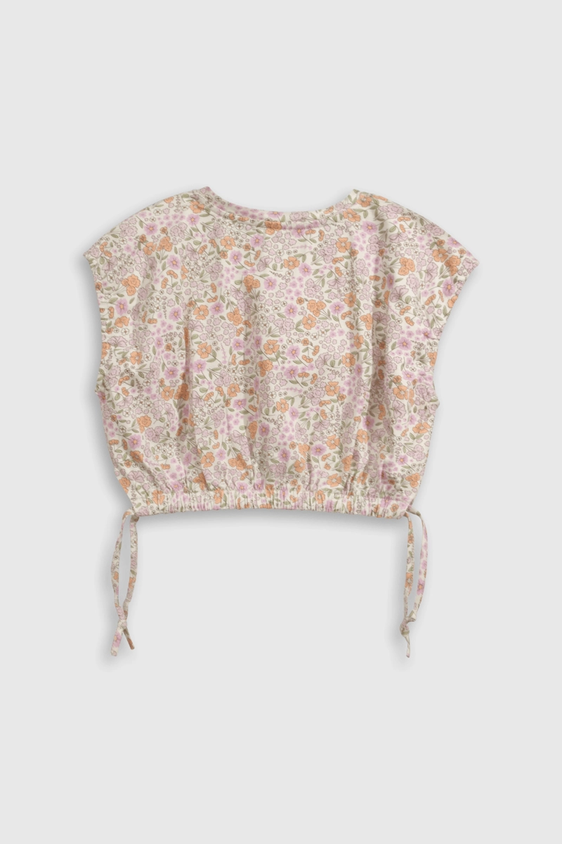 POLERA FLORAL MORADA CON CINTURA RECOGIDA Y LAZOS - 2