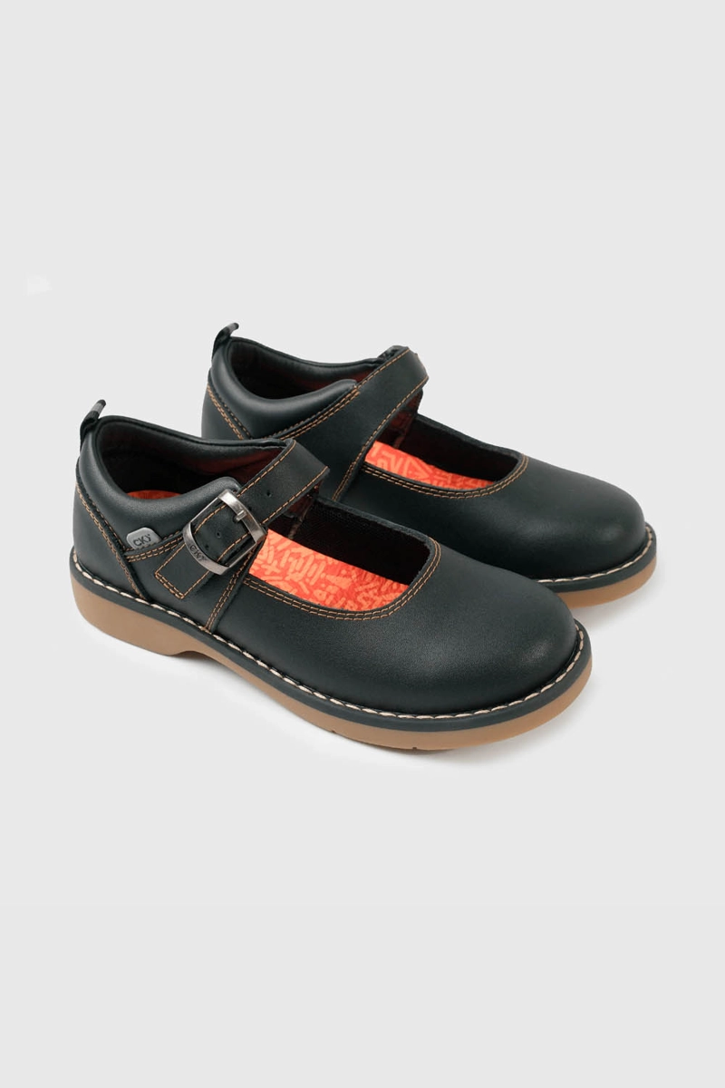 ZAPATOS ESCOLARES REINA NEGROS CUERO HEBILLA CAMINANTE - 1