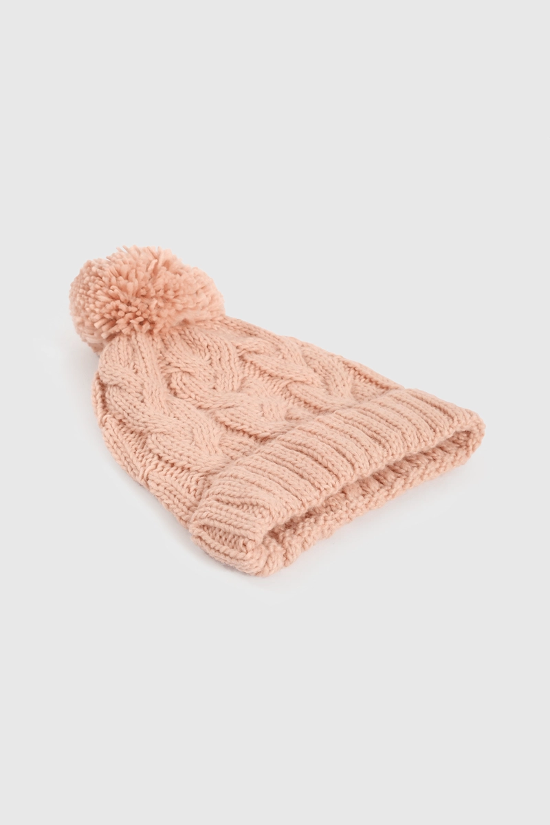 GORRO TRENZADO CON FORRO ROSADO PARA NIÑA DE LANA TALLA 3/6M A 12/24M - 2