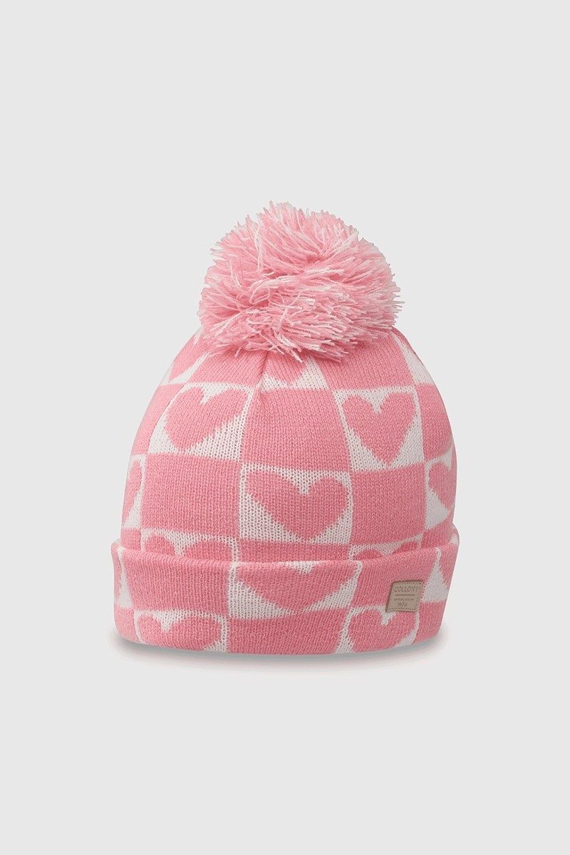 GORRO TEJIDO CON POMPON DE CORAZONES ROSADO PARA NIÑA - 1
