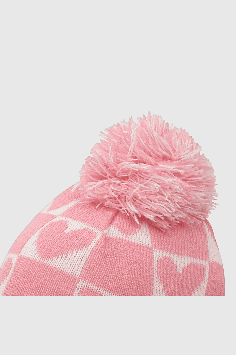 GORRO TEJIDO CON POMPON DE CORAZONES ROSADO PARA NIÑA - 3