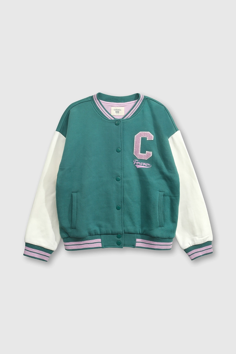 CHAQUETA POLERON ESTILO VARSITY BOMBER VERDE PARA NIÑA - 1