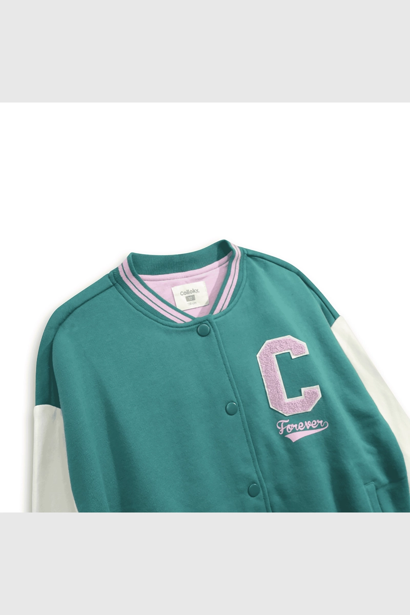 CHAQUETA POLERON ESTILO VARSITY BOMBER VERDE PARA NIÑA - 3