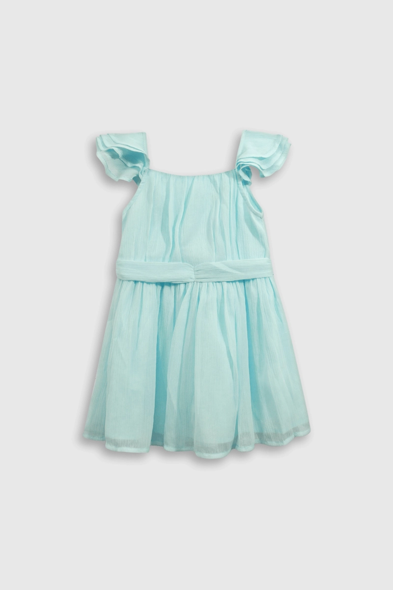 VESTIDO AMPLIO PUNTITOS METALIZADOS CELESTE BRILLO SOBRE RODILLA - 2
