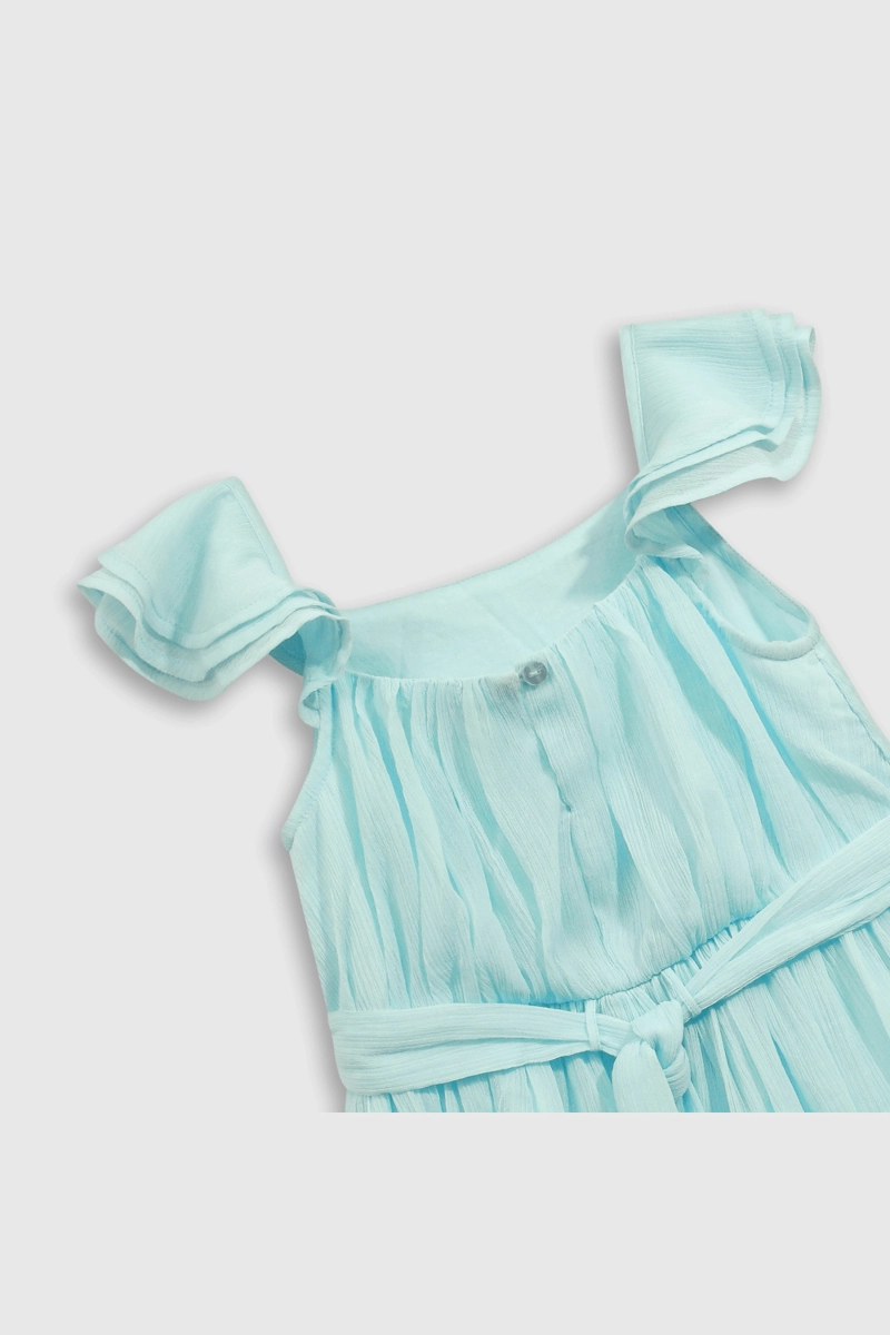 VESTIDO AMPLIO PUNTITOS METALIZADOS CELESTE BRILLO SOBRE RODILLA - 3
