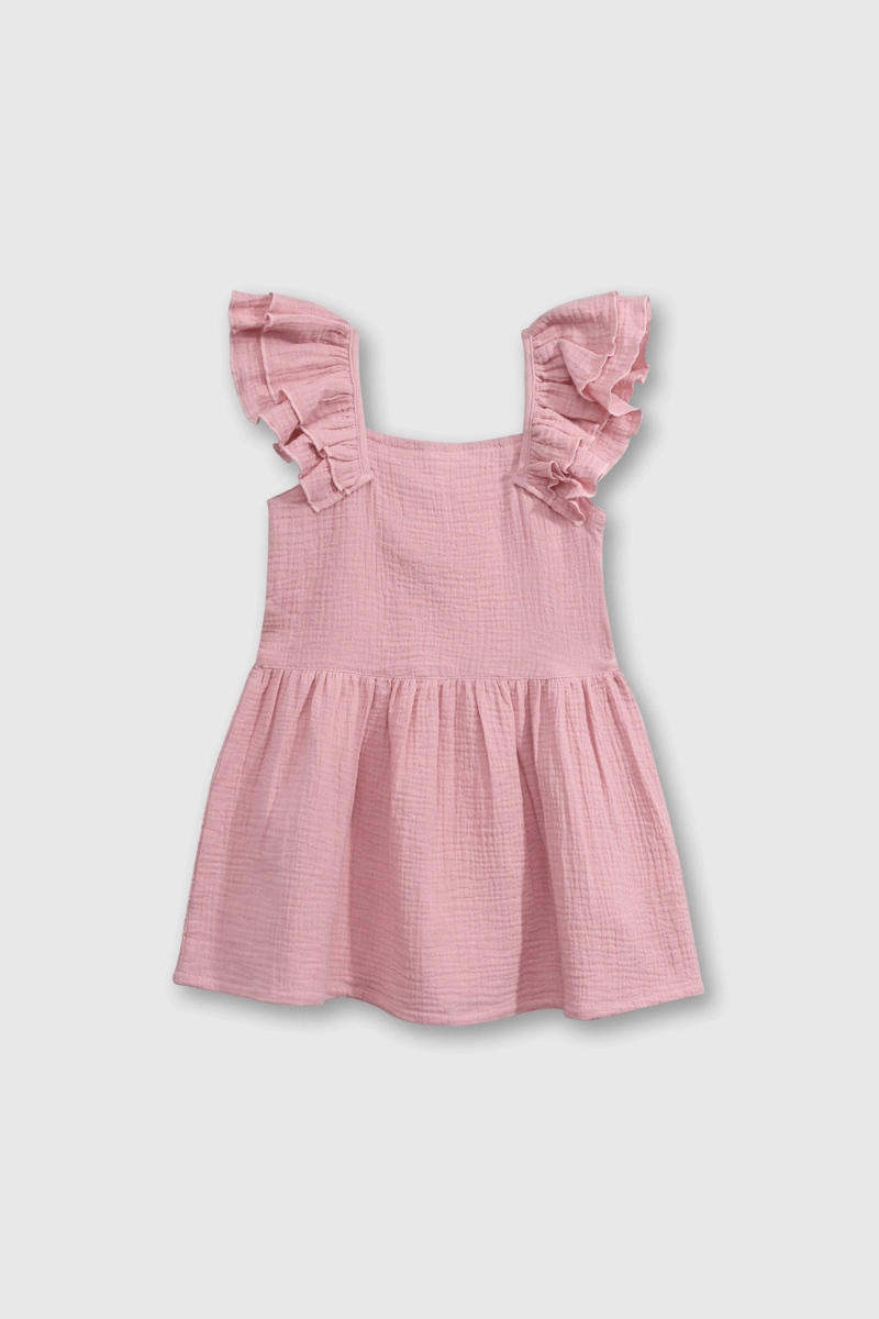 VESTIDO ROSADO DE ALGODON TEXTURADO MANGA CORTA DE NIÑA - 1