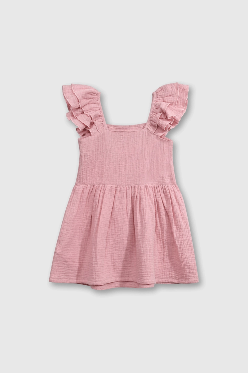 VESTIDO ROSADO DE ALGODON TEXTURADO MANGA CORTA DE NIÑA - 2