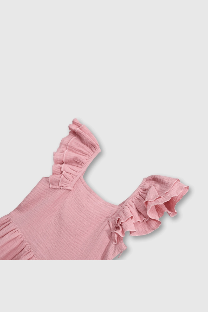 VESTIDO ROSADO DE ALGODON TEXTURADO MANGA CORTA DE NIÑA - 3
