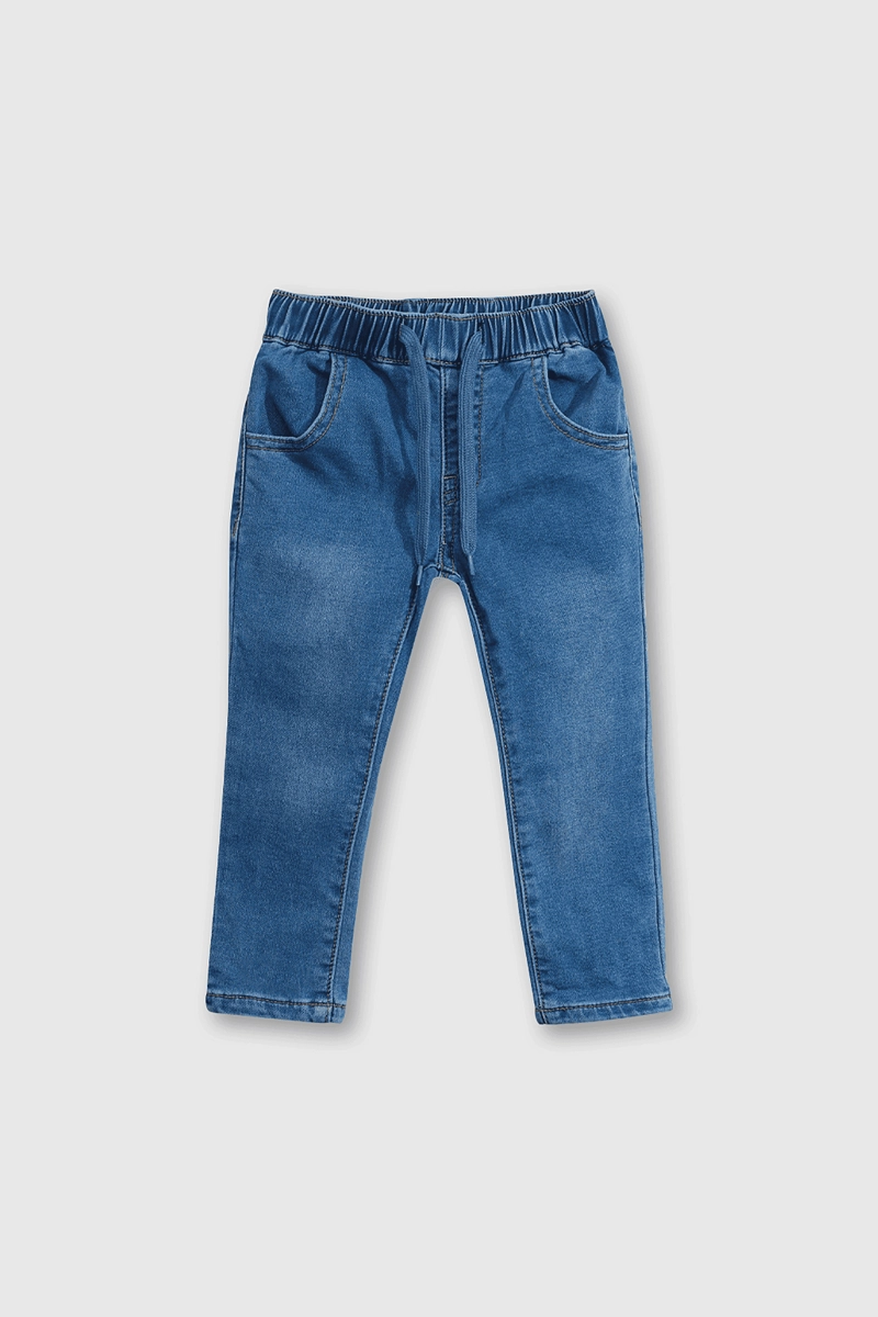 JEANS DE ALGODON ELASTICADO AZUL CON CORDON PARA BEBE - 1