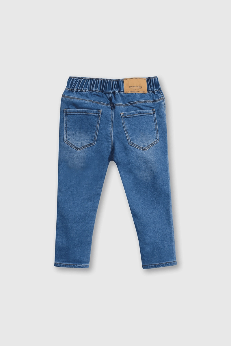 JEANS DE ALGODON ELASTICADO AZUL CON CORDON PARA BEBE - 2