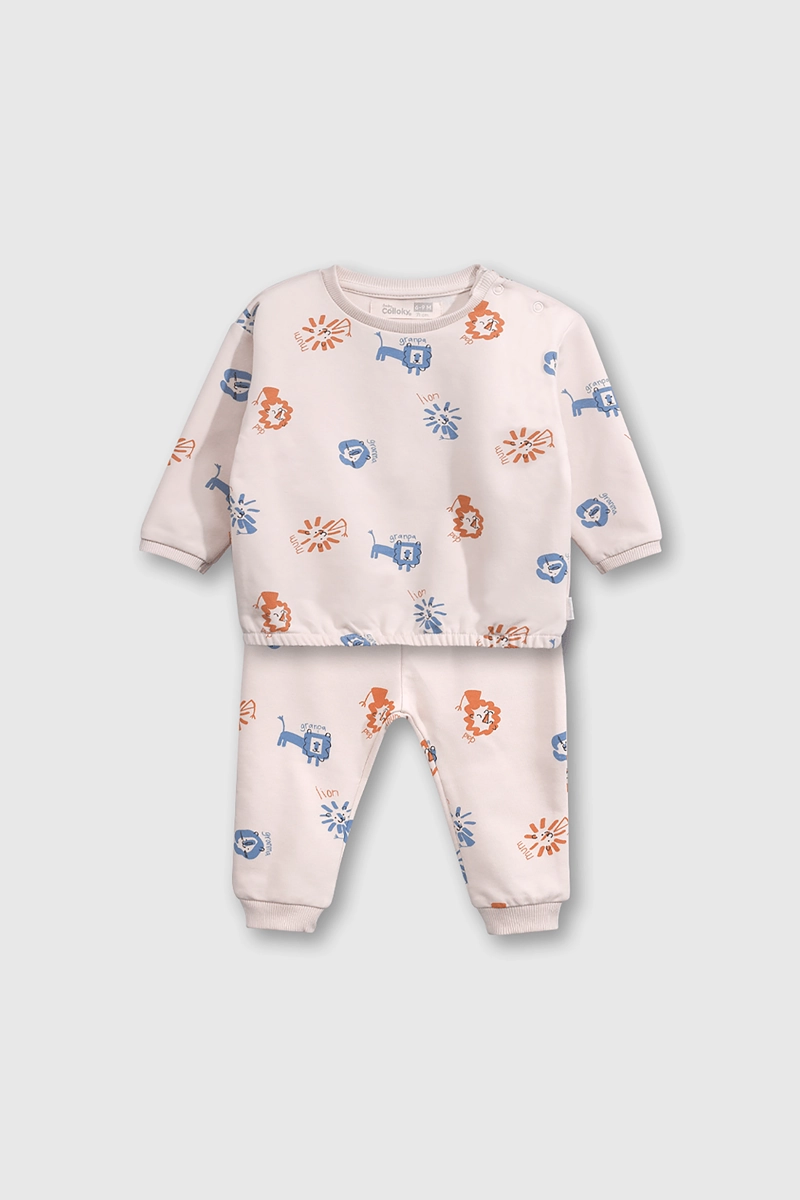 CONJUNTO POLERON + PANTALON BEIGE CON ESTAMPA DE LEONES - 1