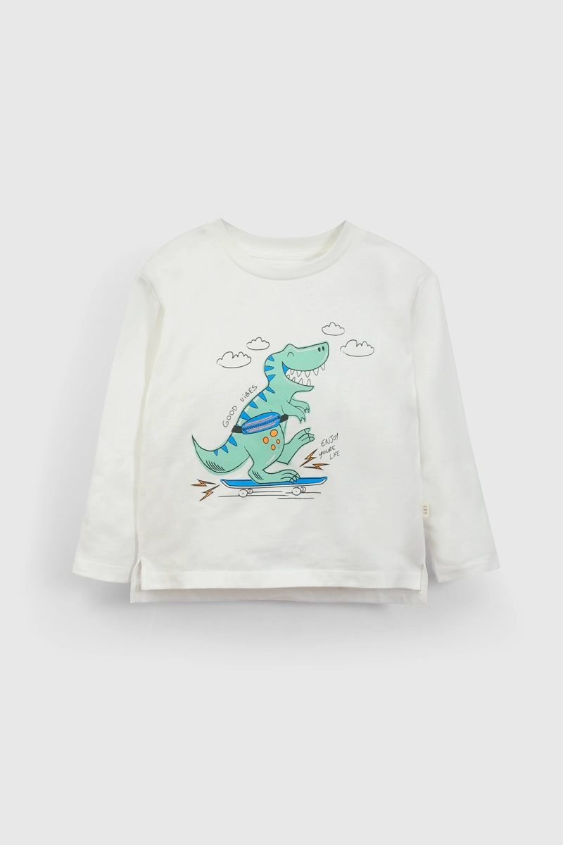 POLERA BLANCA MANGA LARGA ESTAMPA DE DINOSAURIO PARA NIÑO - 1