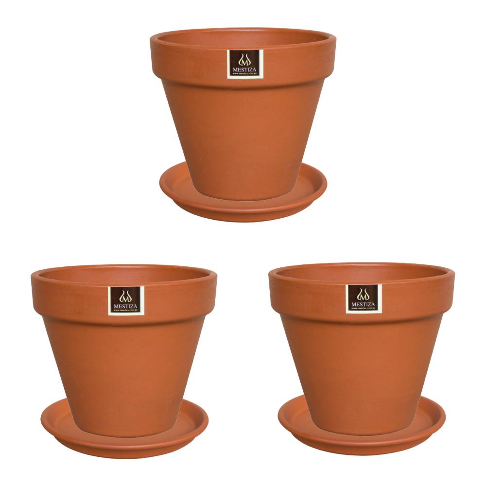 SET 3 MACETEROS KONY TERRACOTA 15 CM CON SU PLATO - 1