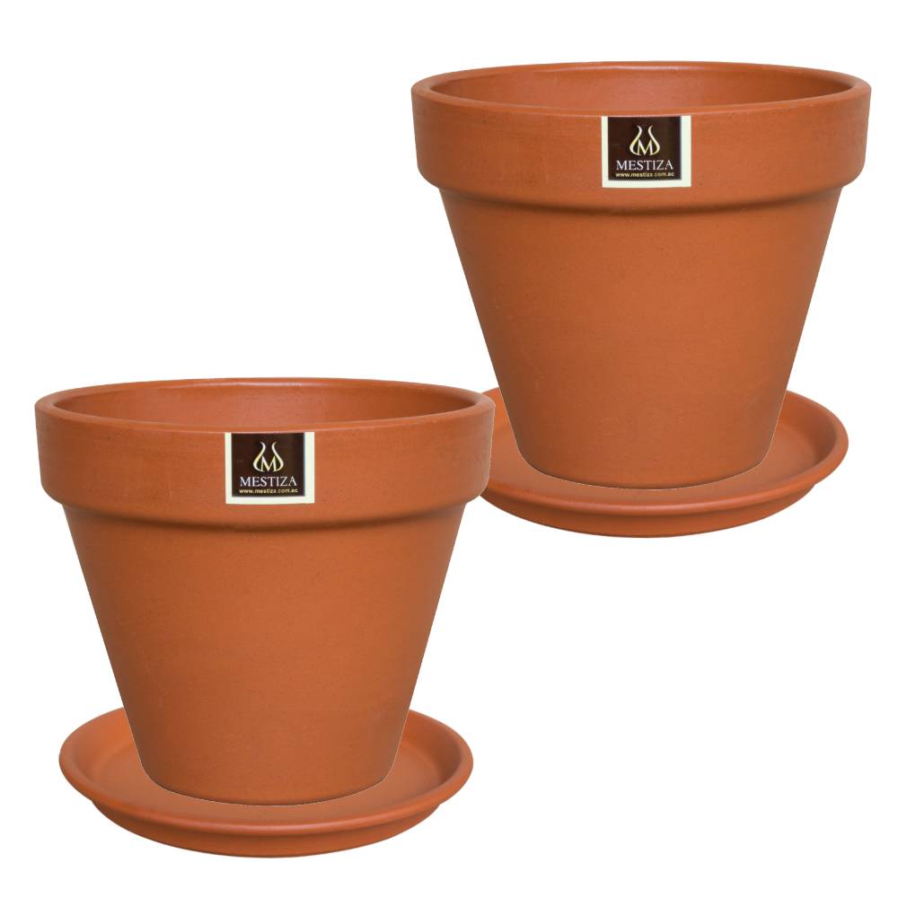 SET 2 MACETEROS KONY TERRACOTA 24 CM CON SU PLATO - 1