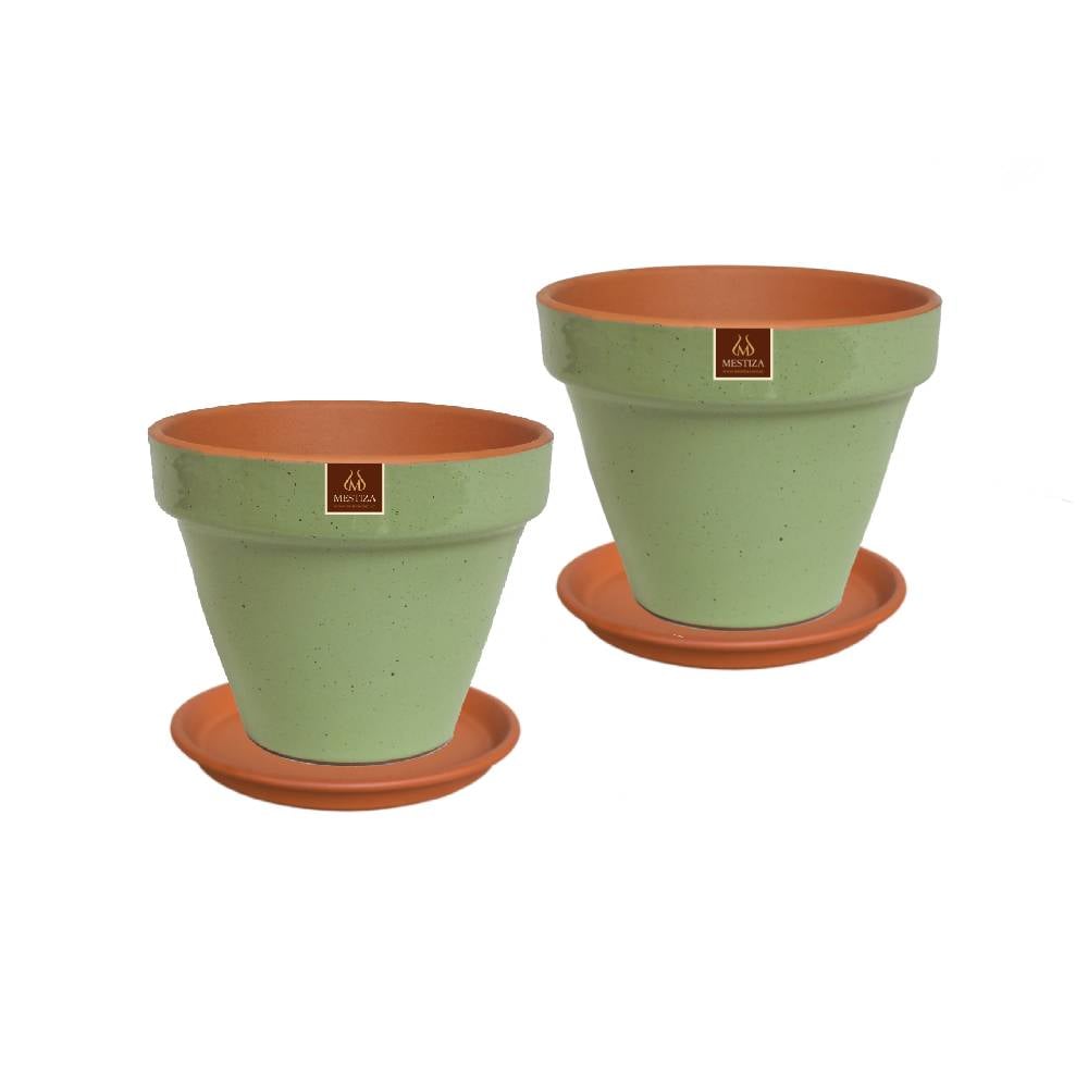 SET 2 MACETEROS KONY FULL 15 VERDE SALVIA CON SU PLATO - 1