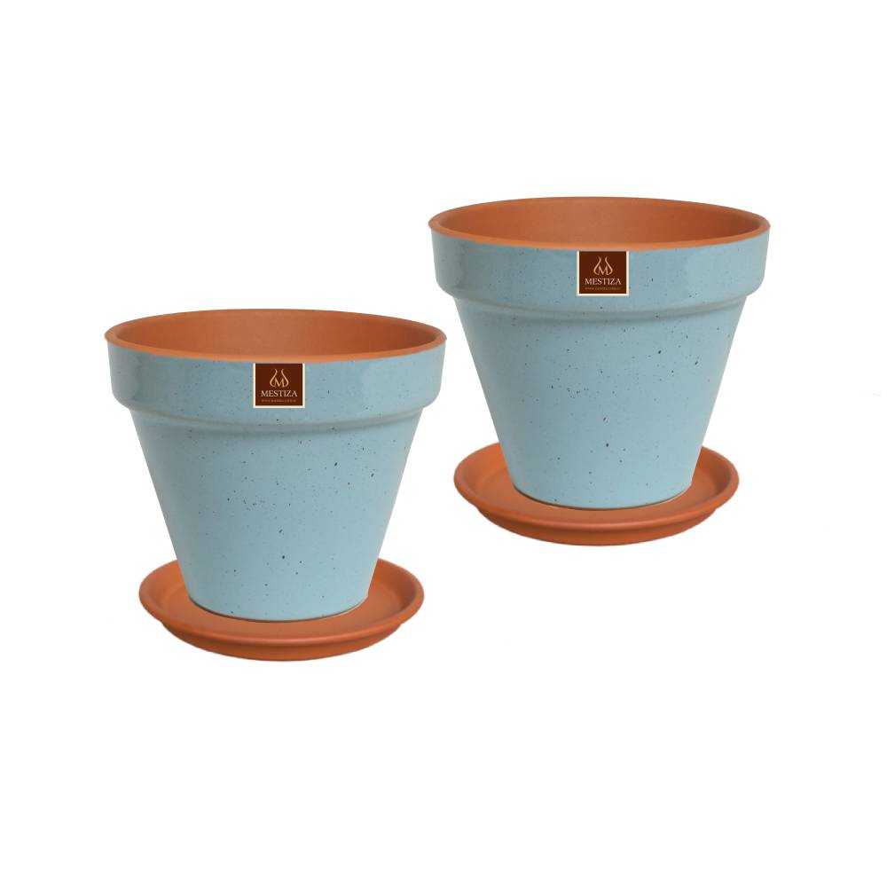 SET 2 MACETEROS KONY FULL 15 AZUL CIELO CON SU PLATO - 1