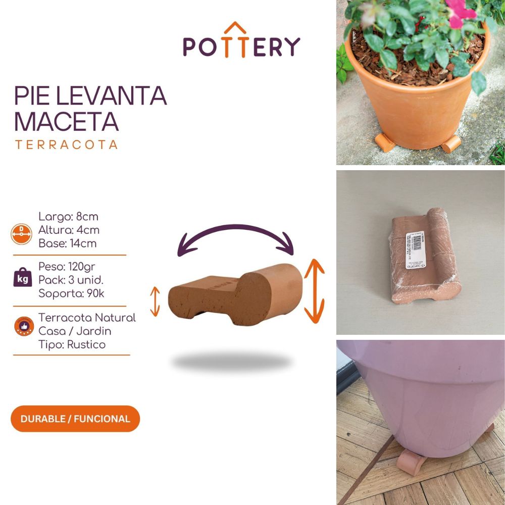 PACK 3 PIES LEVANTA MACETAS TERRACOTA NATURAL - 2