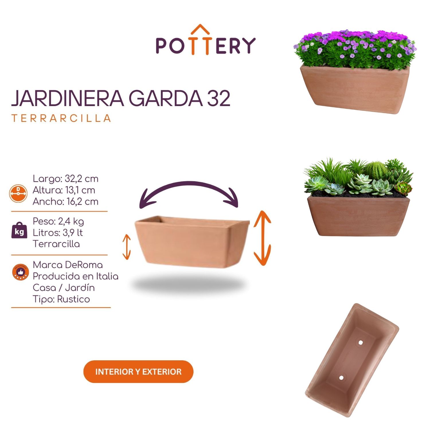 JARDINERA POTTERY JARDINERA RECTANGULAR GARDA 32 CM TERRARCILLA DEROMA CERÁMICA - 3