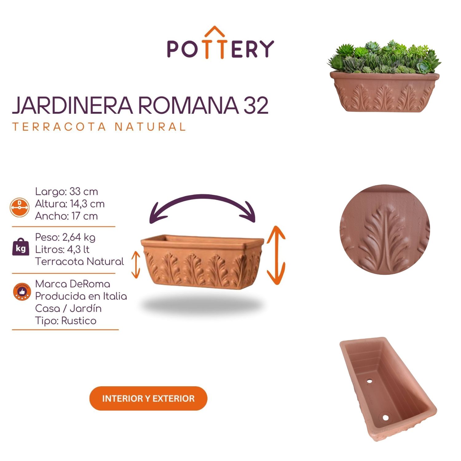 JARDINERA POTTERY JARDINERA RECTANGULAR ROMANA TERRACOTA RELIEVE 32 CM DEROMA CERÁMICA - 3