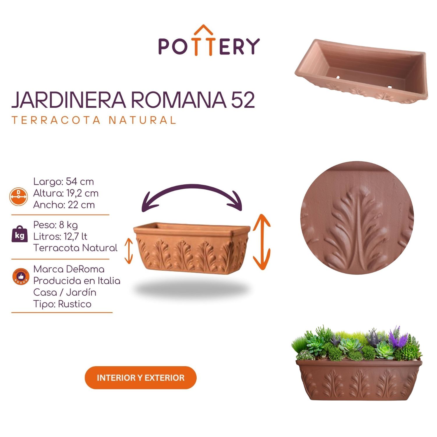 JARDINERA POTTERY JARDINERA RECTANGULAR ROMANA TERRACOTA RELIEVE 52 CM DEROMA CERÁMICA - 3