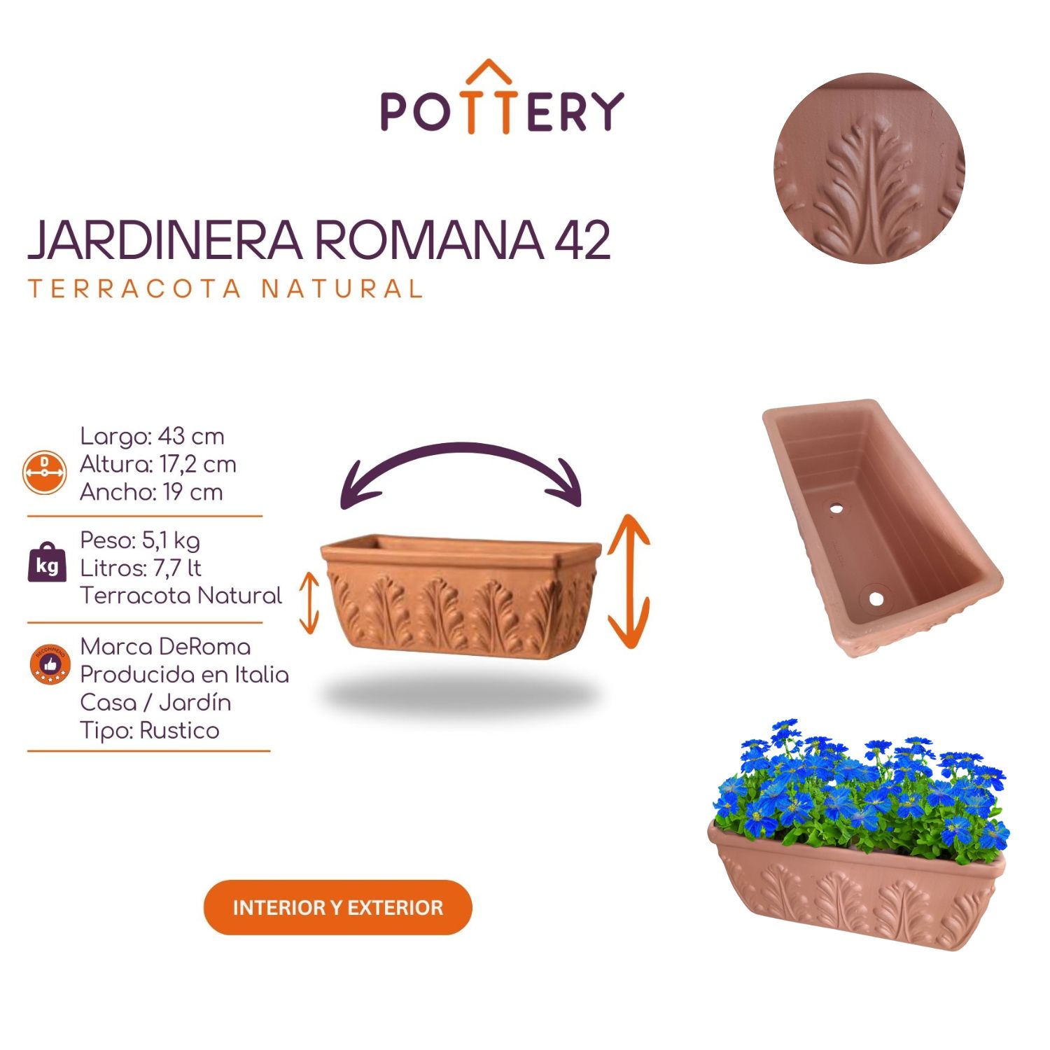 JARDINERA POTTERY JARDINERA RECTANGULAR ROMANA TERRACOTA RELIEVE 42 CM DEROMA CERÁMICA - 3