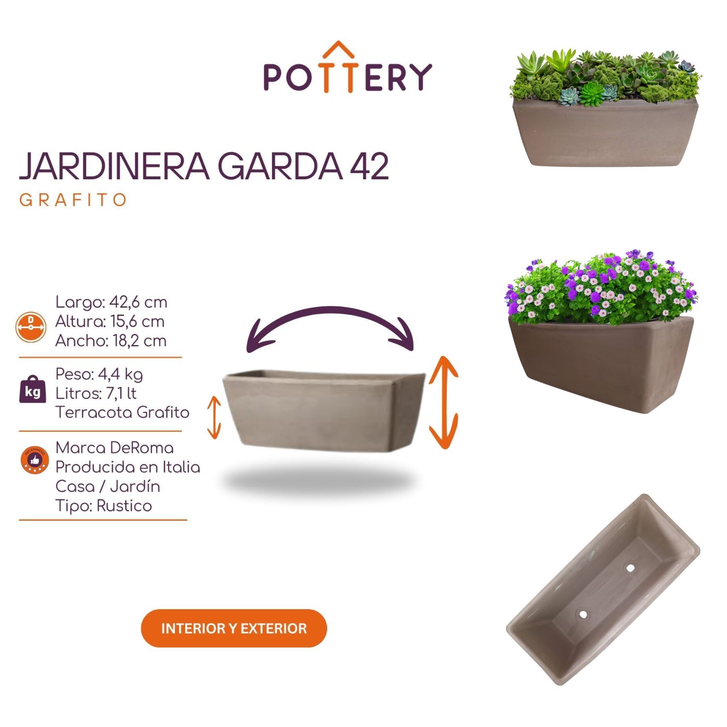 JARDINERA POTTERY JARDINERA RECTANGULAR GARDA 42 CM GRAFITE DEROMA CERÁMICA - 3