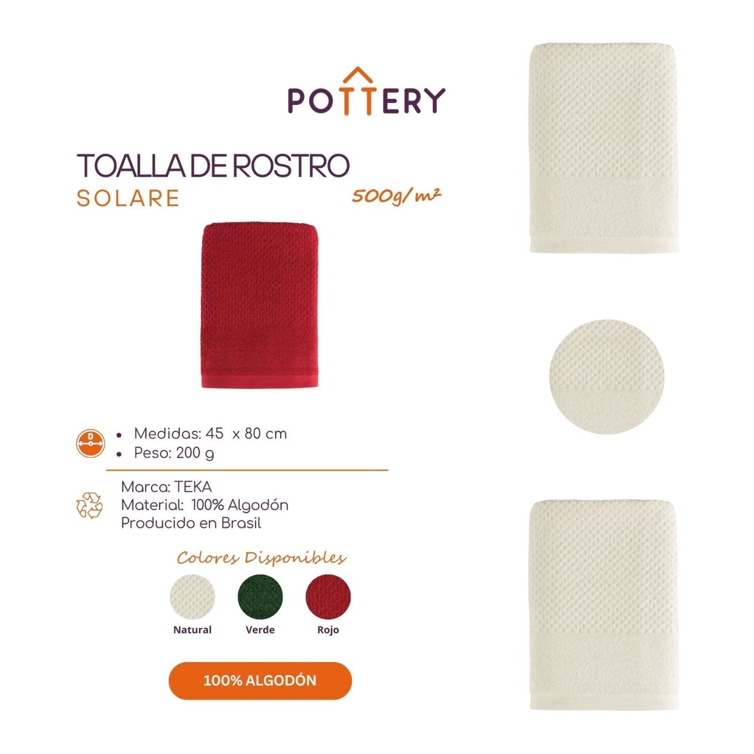 TOALLA DE ROSTRO SOLARE NATURAL - ALGODÓN - 500G/M² - TEKA - 3