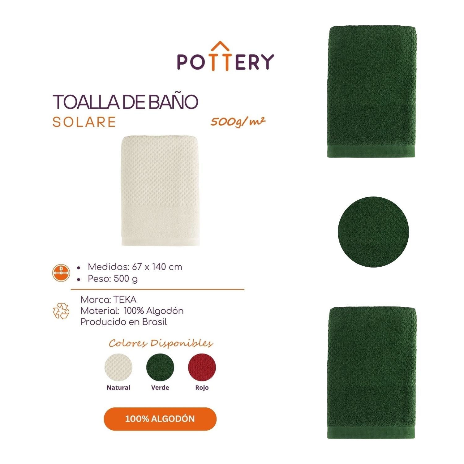 TOALLA DE BAÑO SOLARE NATURAL - ALGODÓN - 500G/M² - TEKA - 2