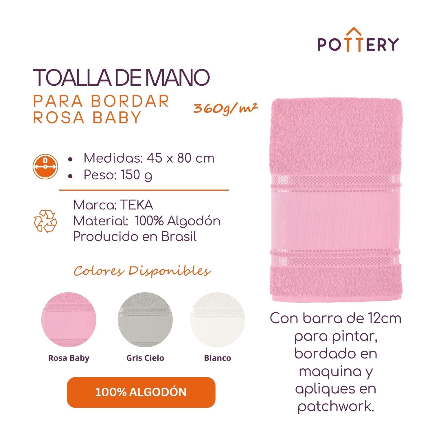 TOALLA DE ROSTRO PARA PINTAR ROSA BABY - ALGODÓN - 360G/M² - TEKA - 3