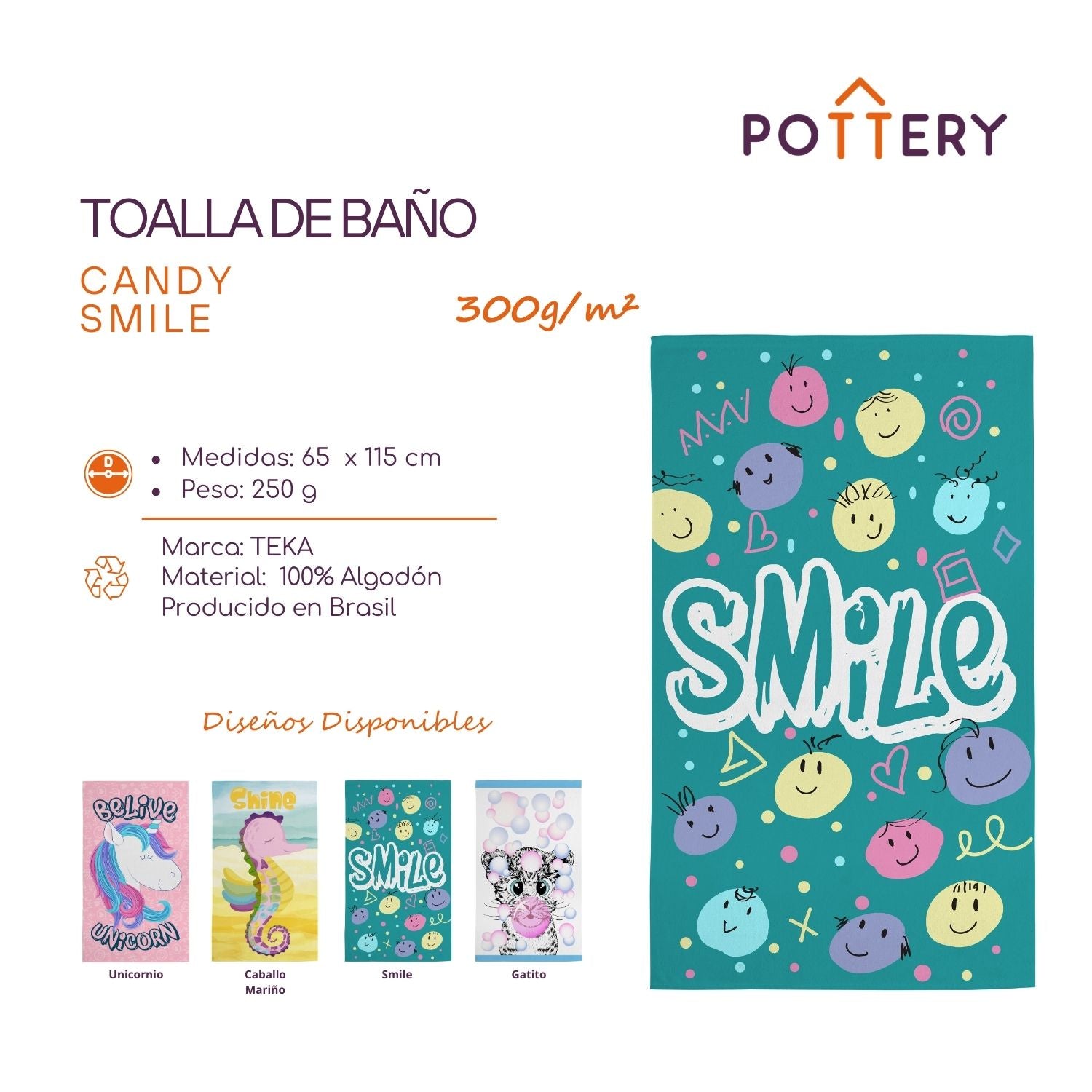TOALLA DE BAÑO CANDY SMILE - 65 X 115CM - 300 G/M² - ALGODÓN - TEKA - 3
