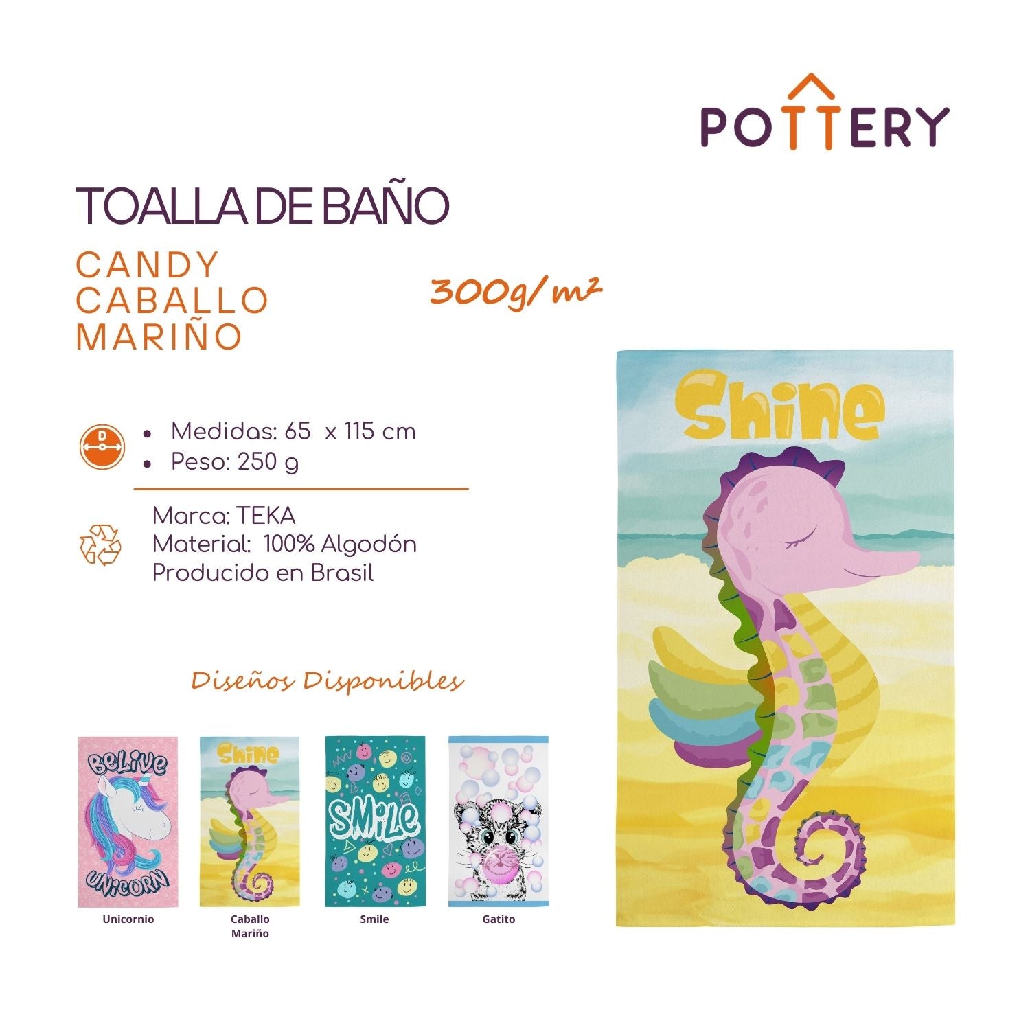 TOALLA DE BAÑO CANDY CABALLO MARIÑO - 65 X 115CM - 300 G/M² - ALGODÓN - TEKA - 3