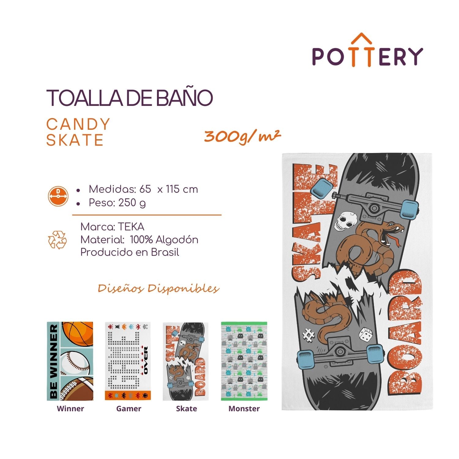 TOALLA DE BAÑO CANDY SKATE - 65 X 115CM - 300 G/M² - ALGODÓN - TEKA - 3