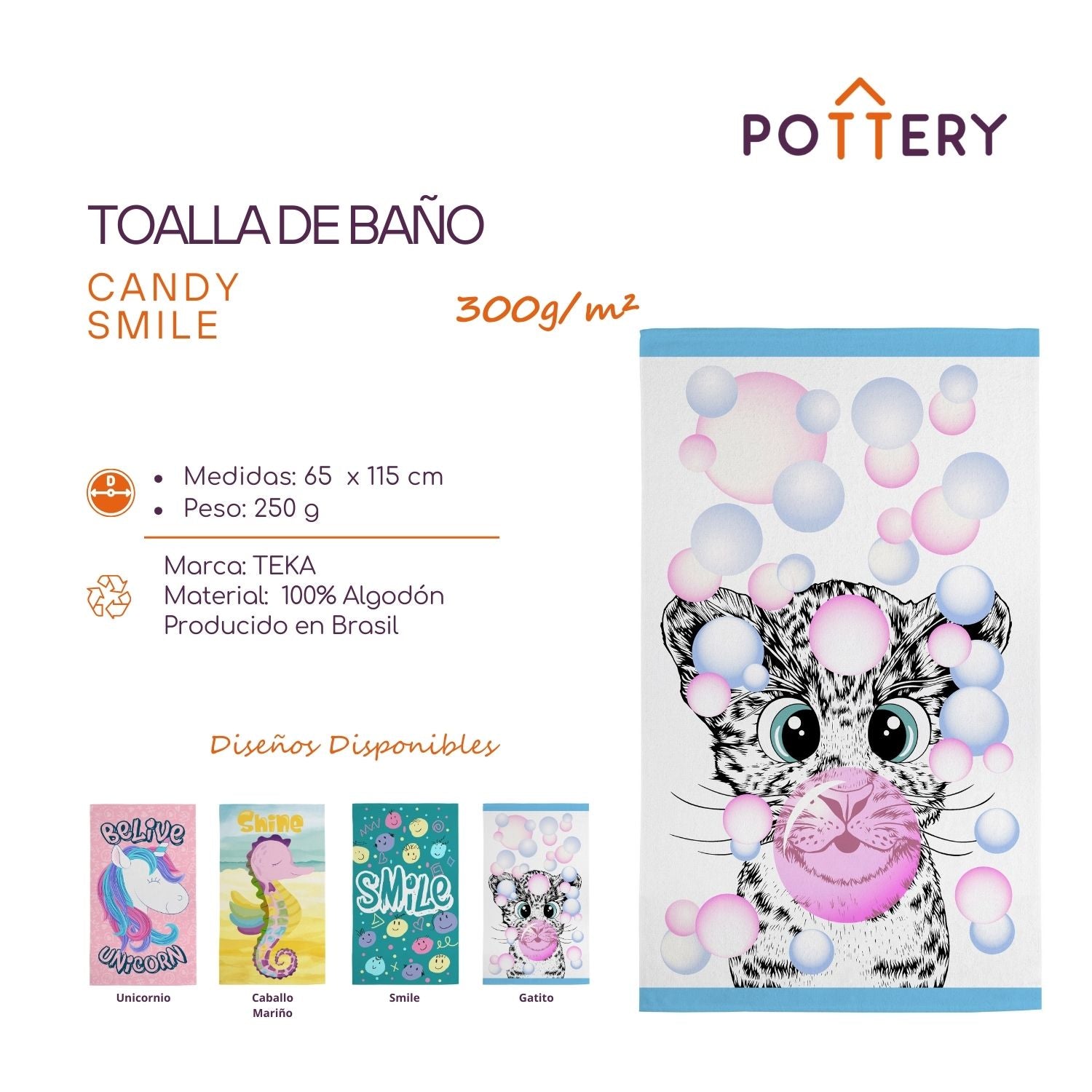 TOALLA DE BAÑO CANDY GATITO - 65 X 115CM - 300 G/M² - ALGODÓN - TEKA - 3