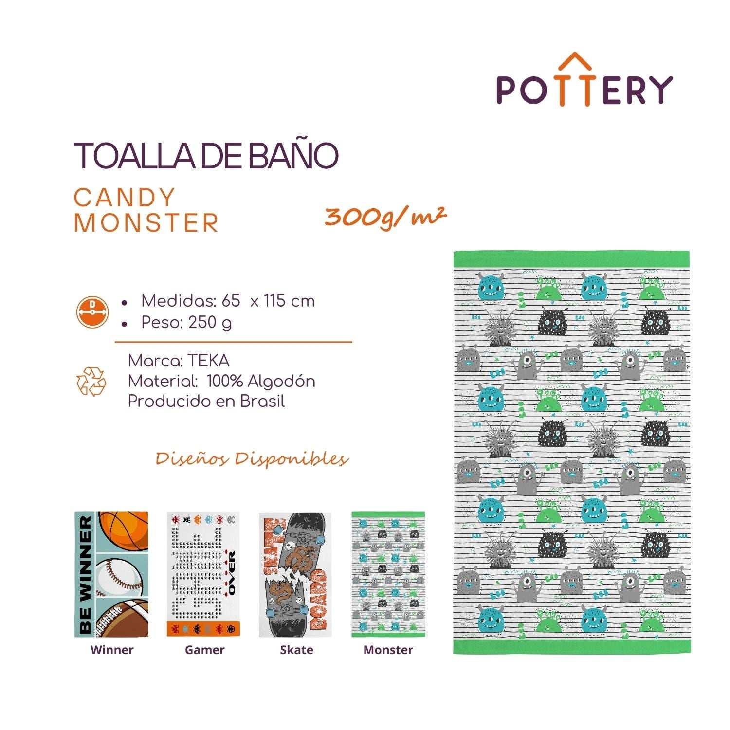 TOALLA DE BAÑO CANDY MONSTER - 65 X 115CM - 300 G/M² - ALGODÓN - TEKA - 3