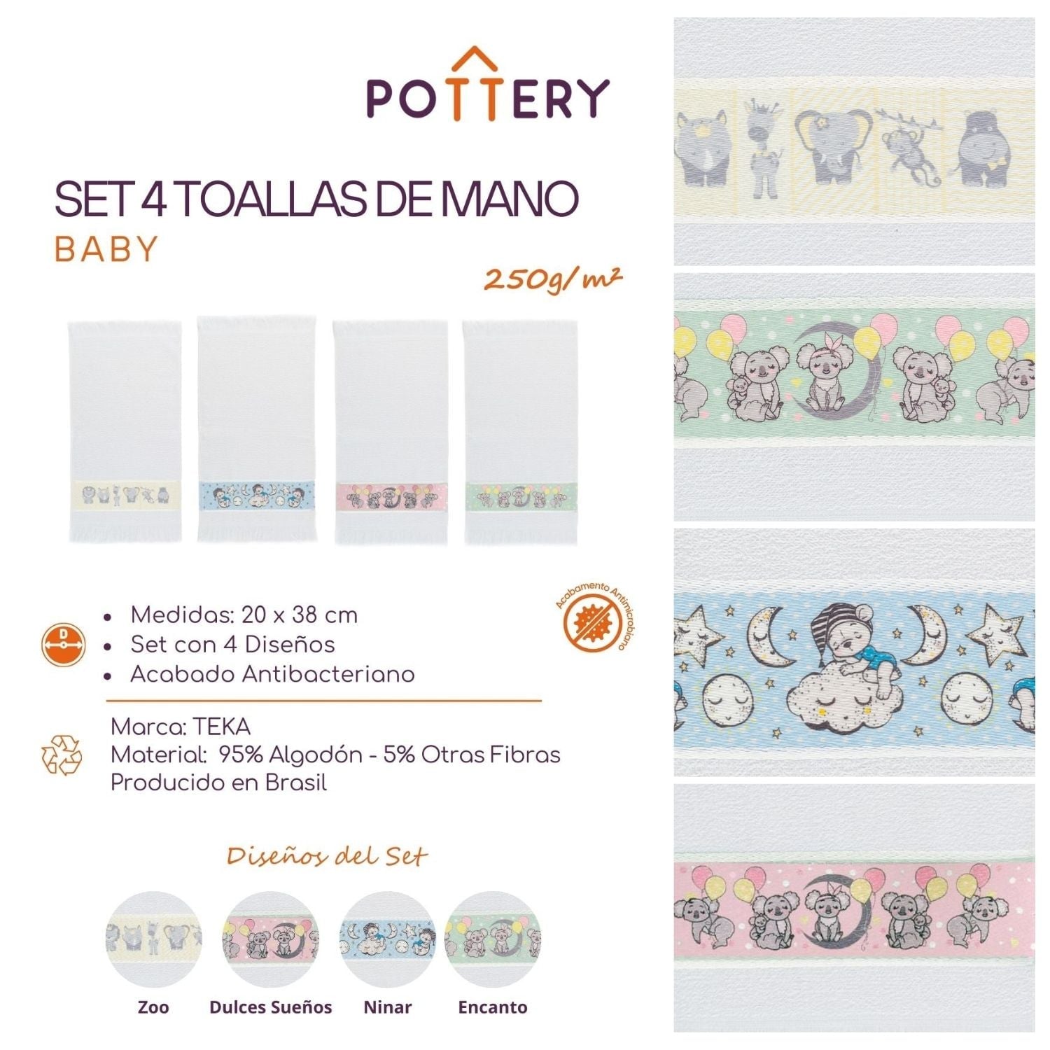 SET 4 TOALLAS DE MANO ANTIMICROBIANO PARA BEBÉS - 250 G/M² - TEKA - 3