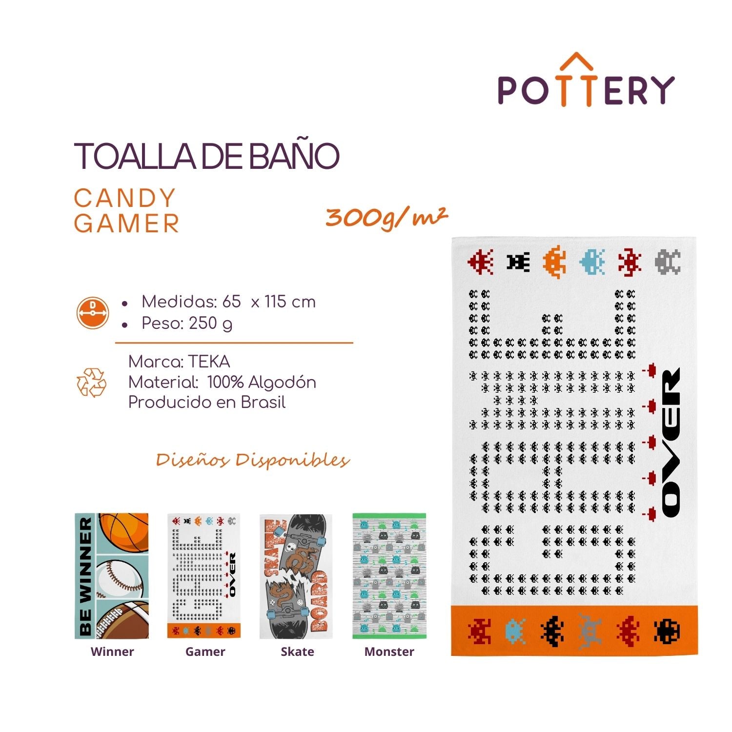 TOALLA DE BAÑO CANDY GAMER - 65 X 115CM - 300 G/M² - ALGODÓN - TEKA - 3
