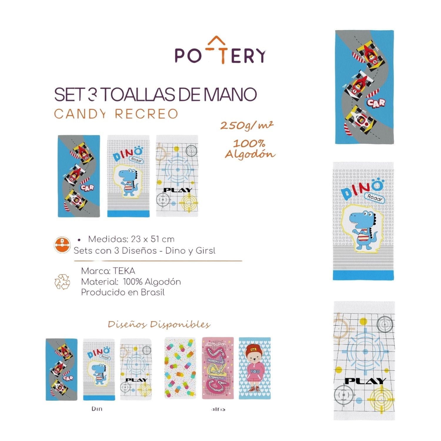 PACK 3 TOALLAS DE MANO PREESCOLAR DINO CANDY - 3