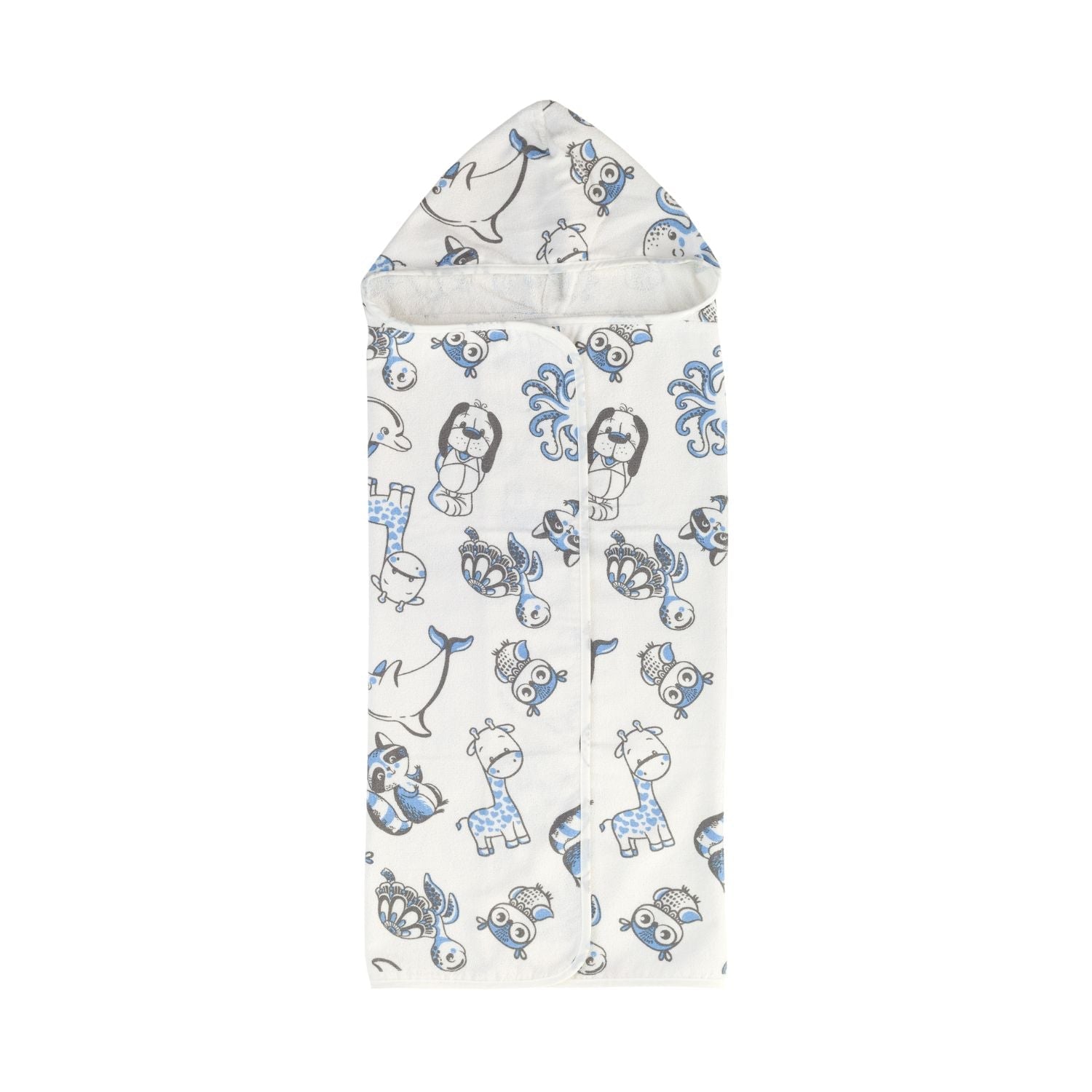 TOALLA CAPUCHA DE ALGODÓN ESTAMPADA BICHOS AZULES - 75 X 90CM - 300 G/M² - 1