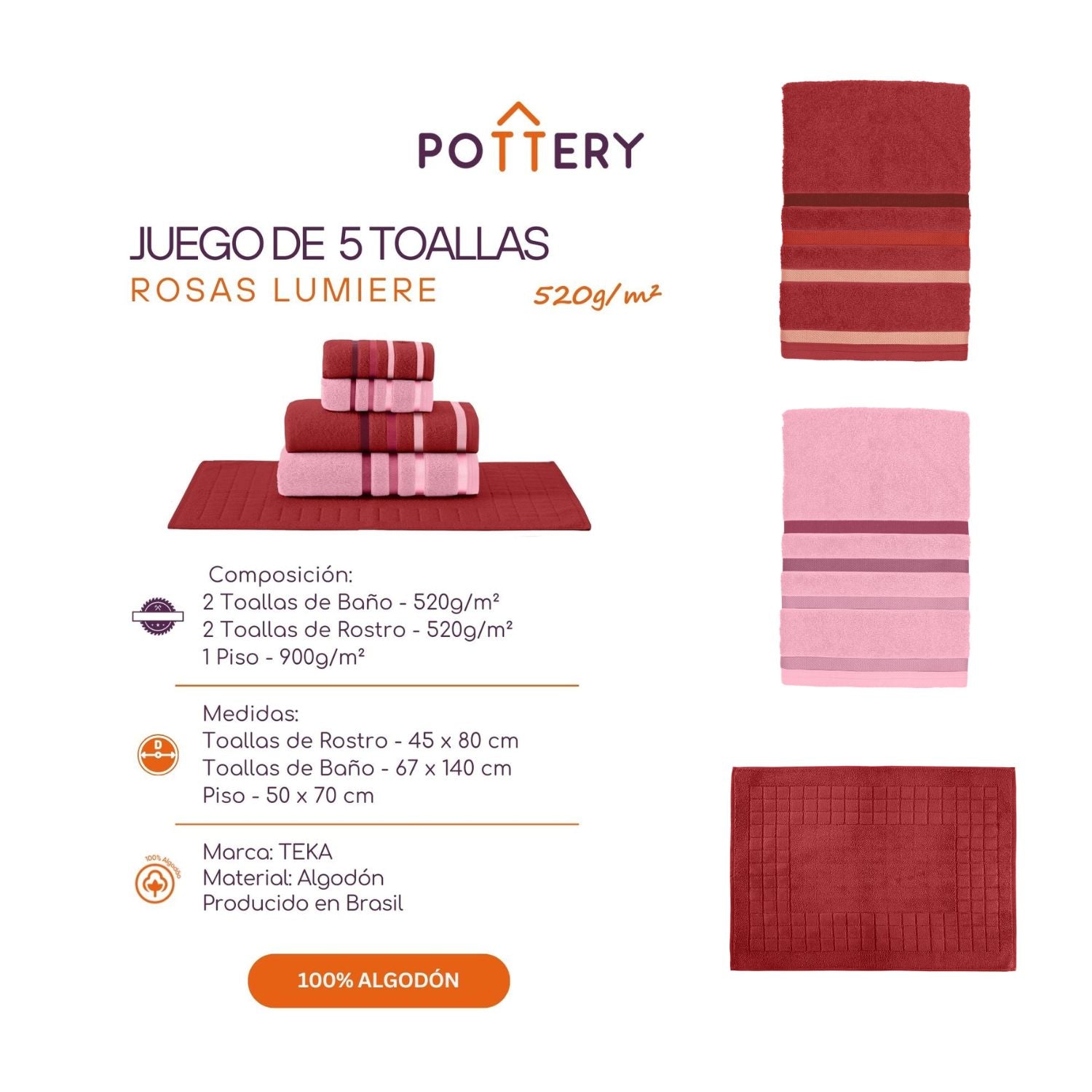JUEGO DE TOALLAS 5 PIEZAS LUMIERE ROSAS - 520 G/M² - 100% ALG - 3