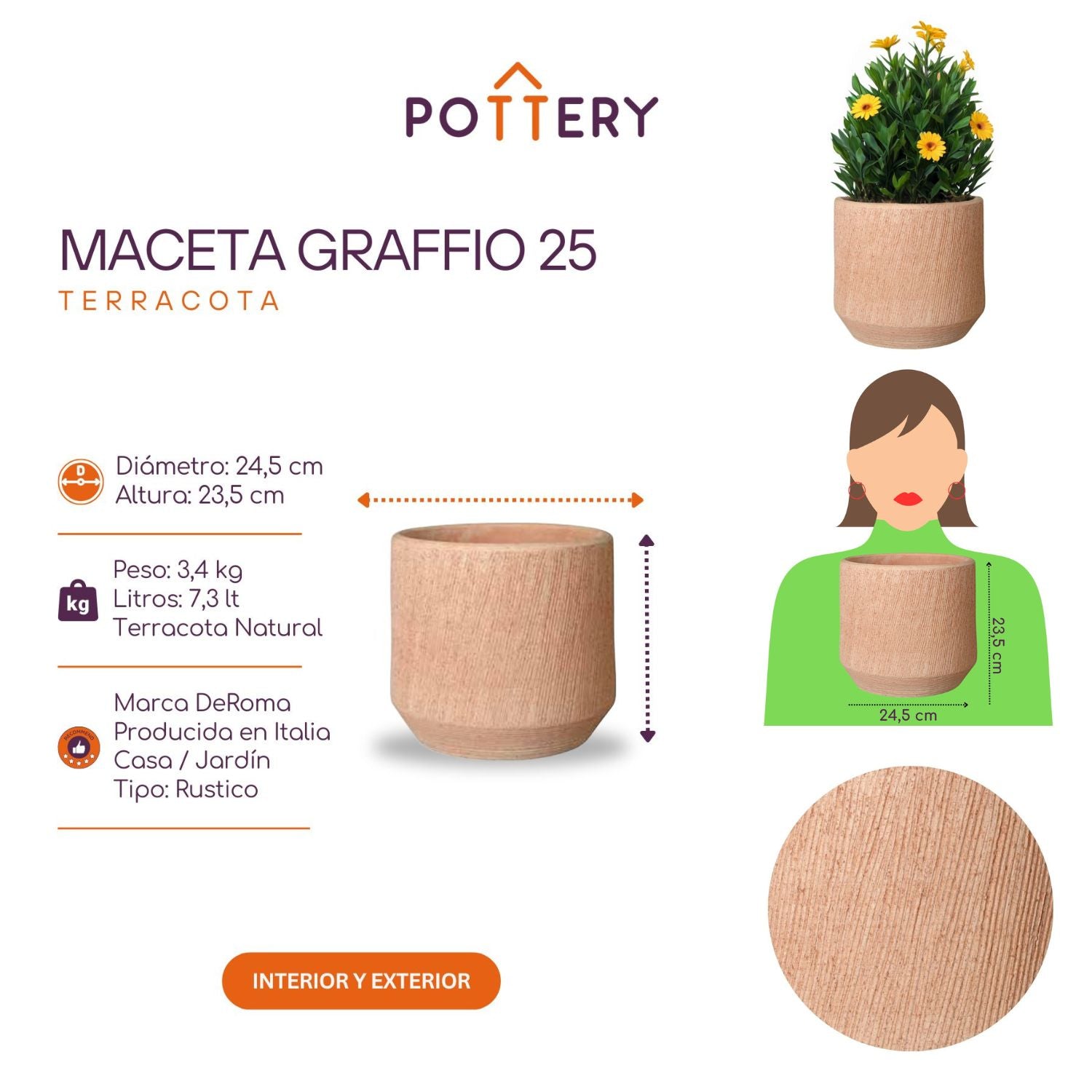 MACETA GRAFFIO 25CM TEXTURIZADA, TERRACOTA - 3