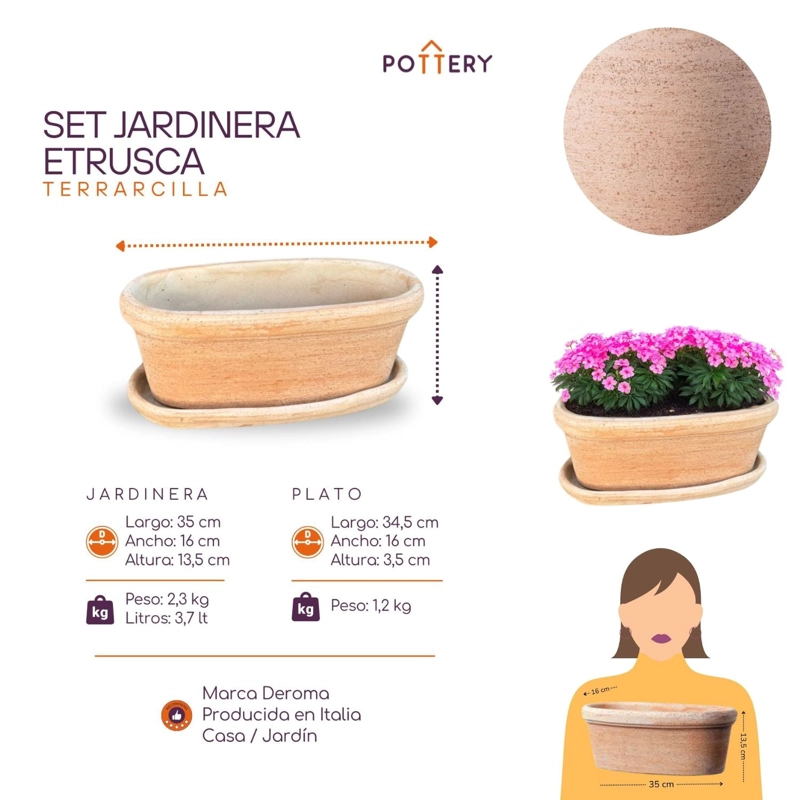 JARDINERA ETRUSCA 35CM OVALADA CON PLATO TERRACOTA - 3