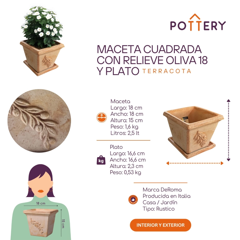 SET MACETA CUADRADA 18 CON RELIEVE OLIVA CON PLATO - 3