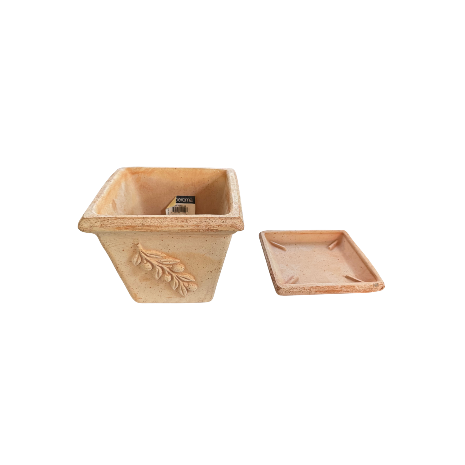 SET MACETA CUADRADA 18 CON RELIEVE OLIVA CON PLATO - 4