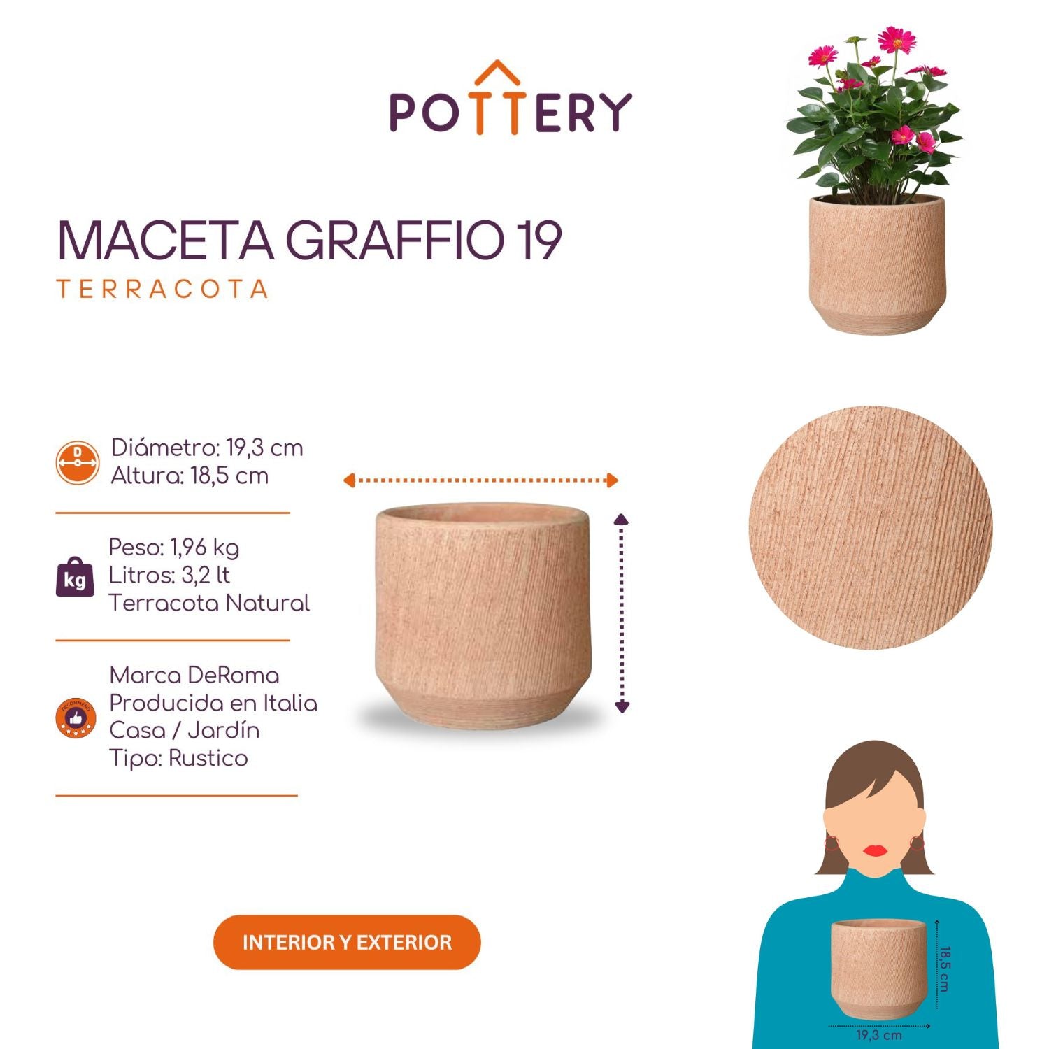 MACETA GRAFFIO 19CM TEXTURIZADA, TERRACOTA - 3