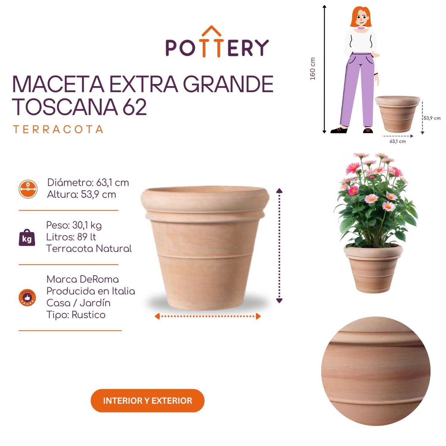 MACETA EXTRA GRANDE TOSCANA 62CM TERRACOTA - 3
