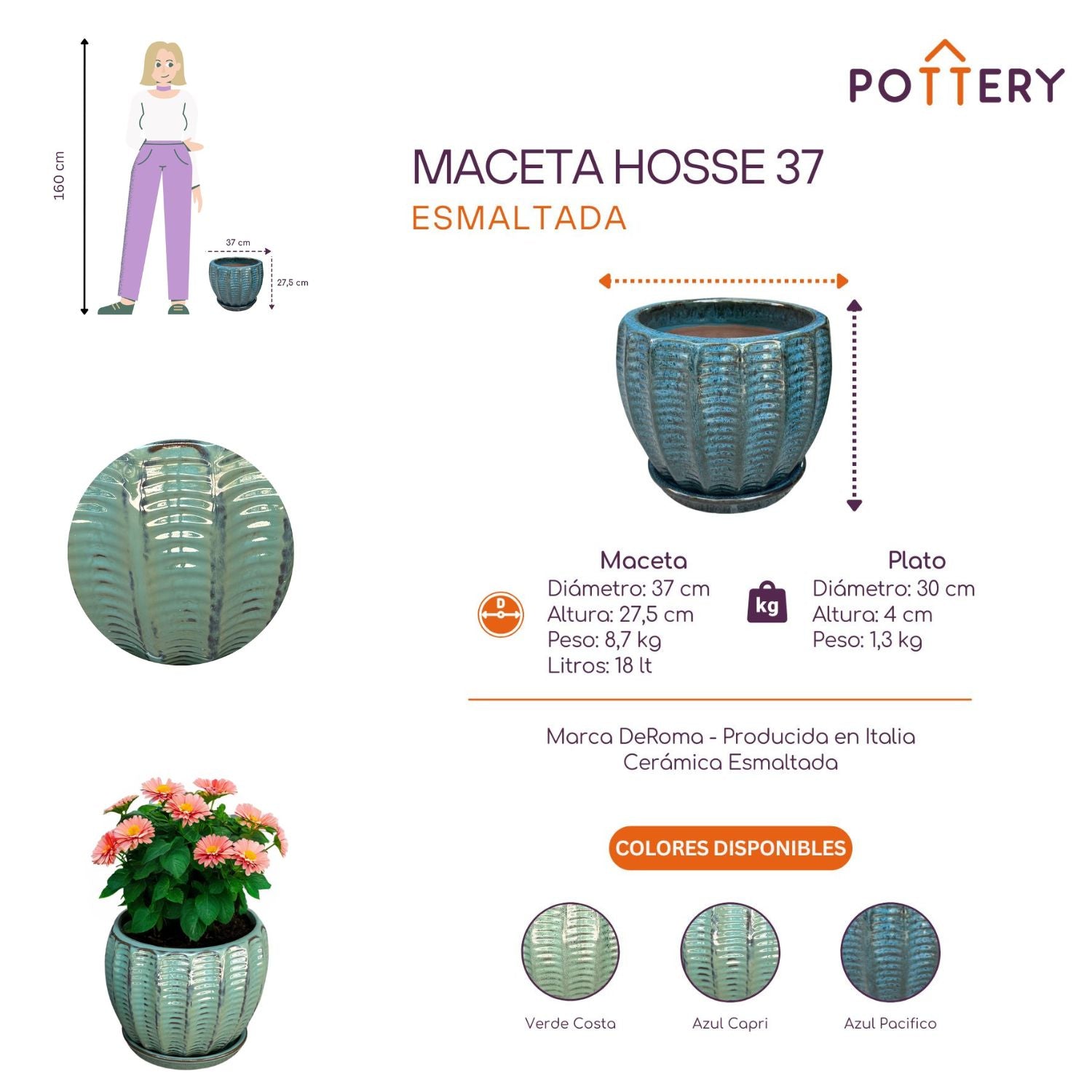 MACETA HOSSE 37 AZUL CAPRI CON PLATO - 2