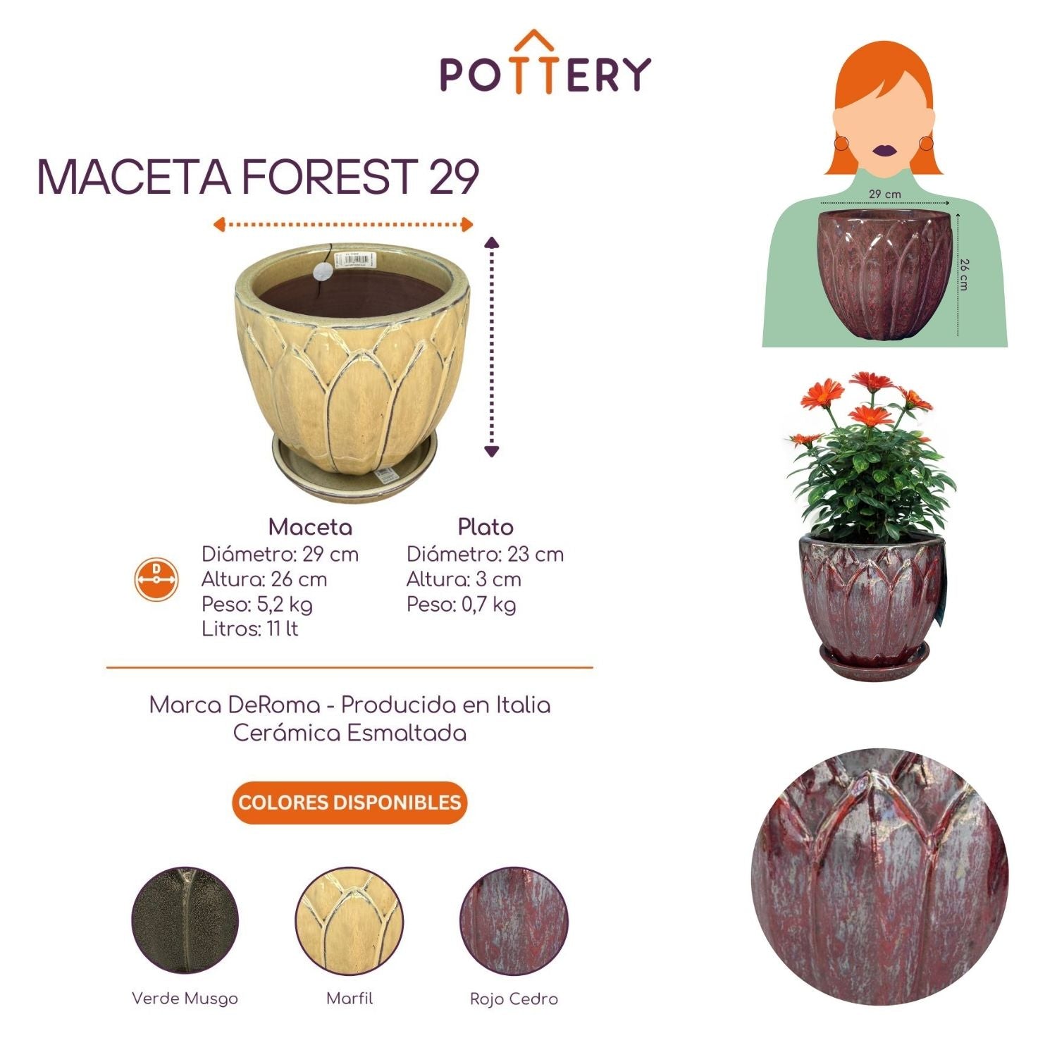 MACETA FOREST 29 ROJO CEDRO CON PLATO - 2