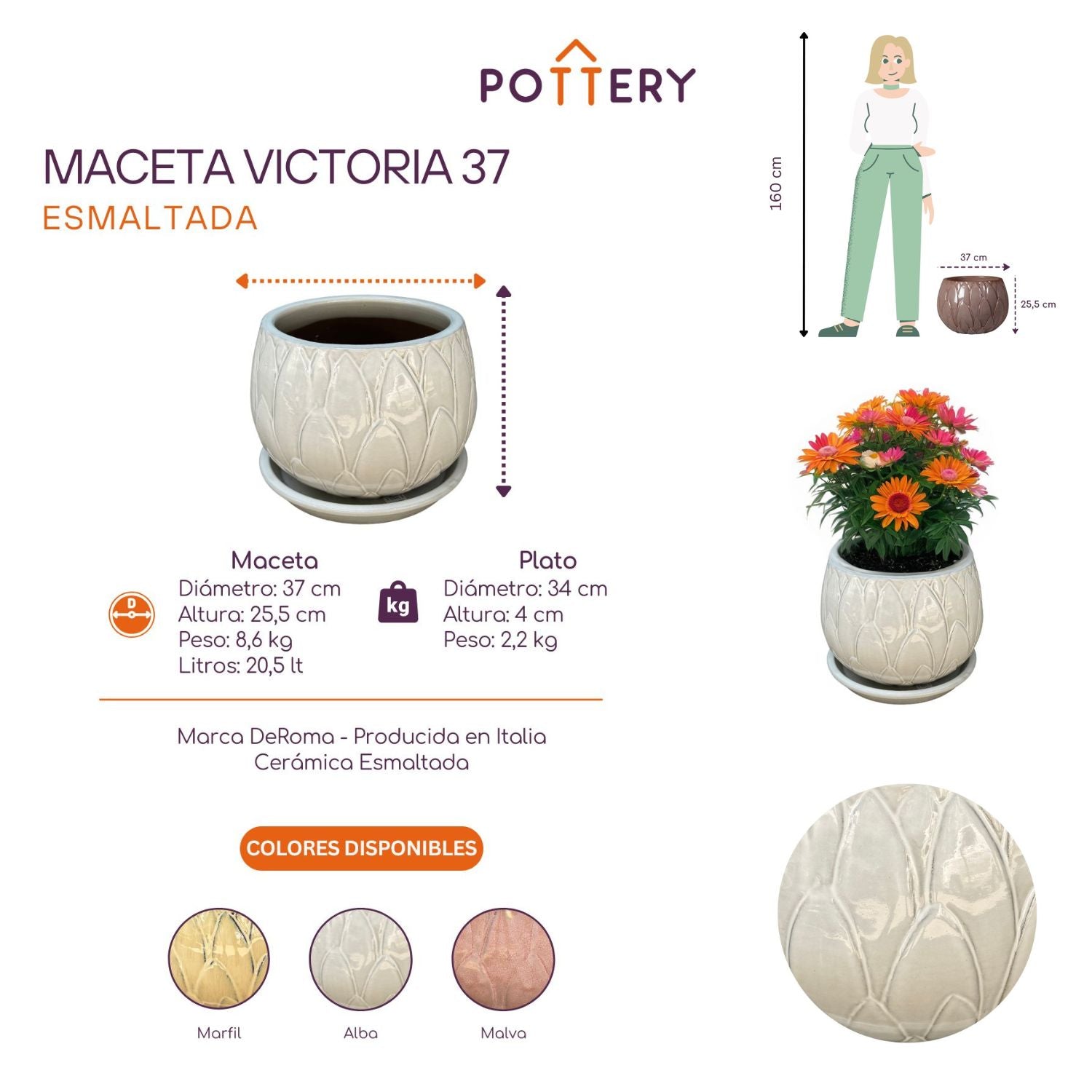 MACETA VICTORIA 37 ALBA CON PLATO - 2