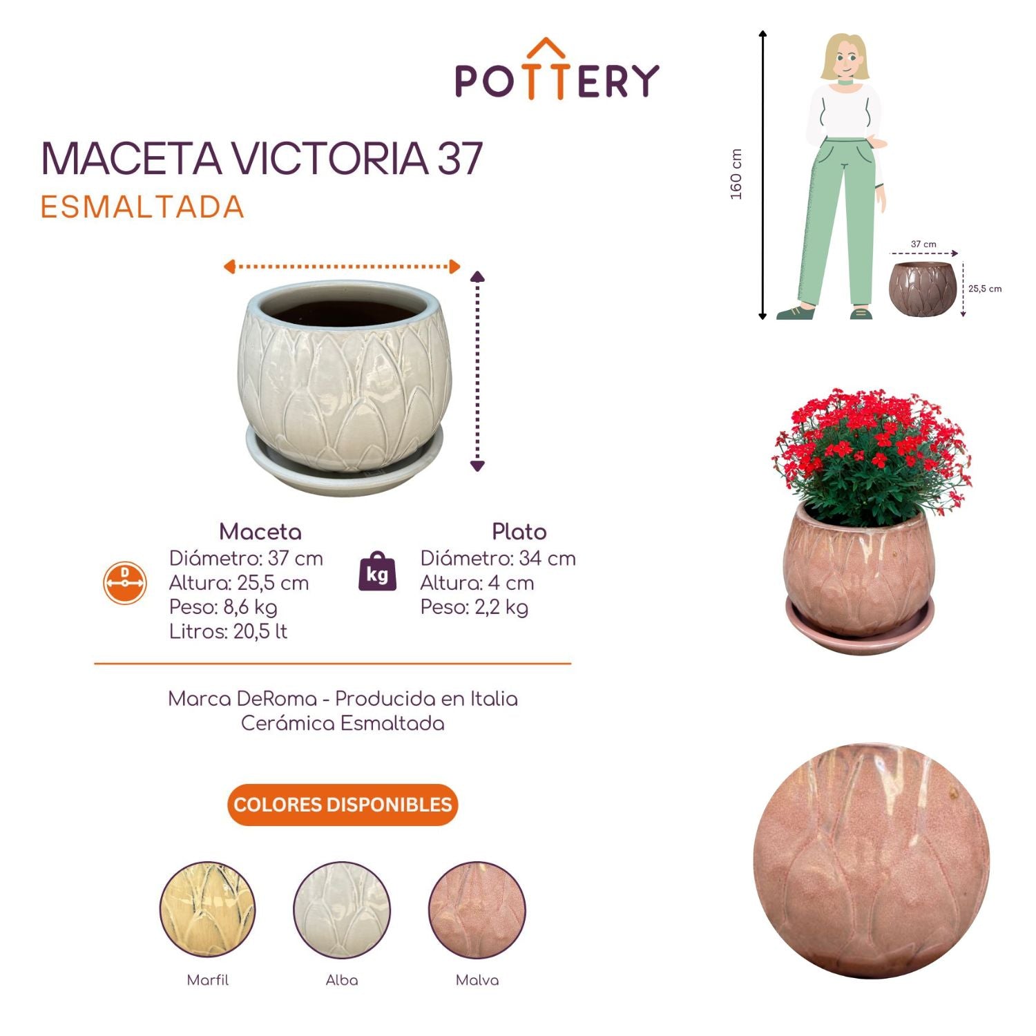 MACETA VICTORIA 37 MALVA CON PLATO - 2